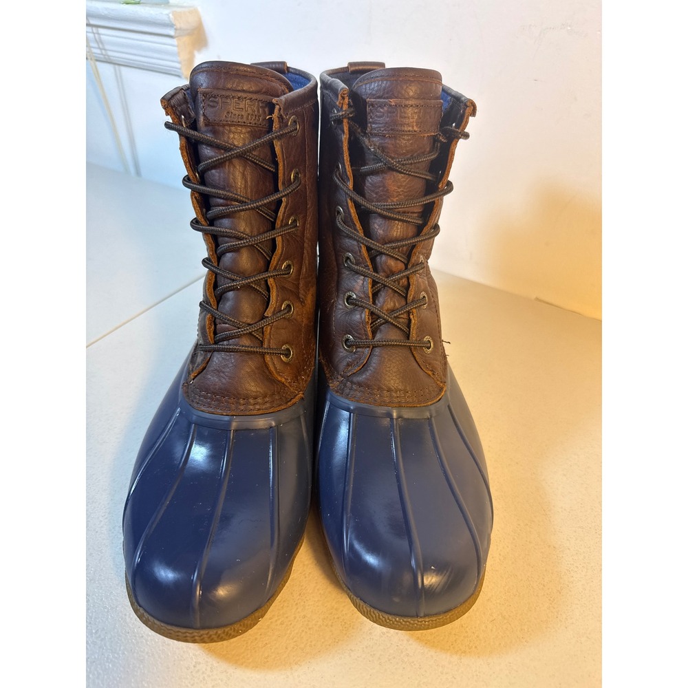 Sperry Avenue Duck Boots Mens 10 Brown Leather Blue Rubber Waterproof STS23079